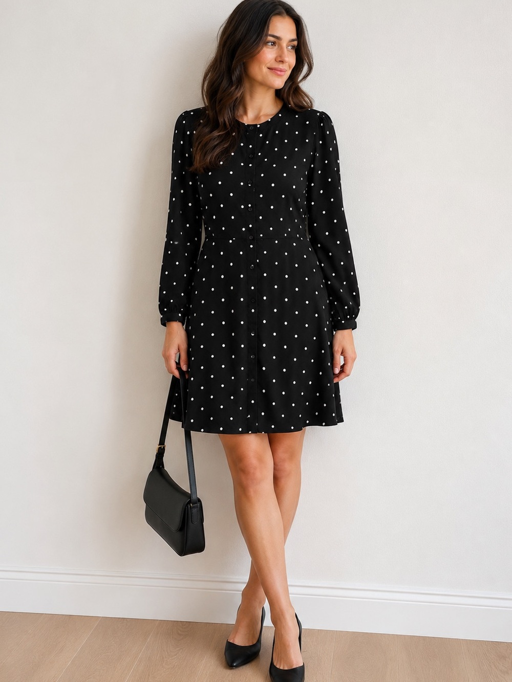 LOFT Black and White Polka Dot Button-Front Dress Quiet Luxury